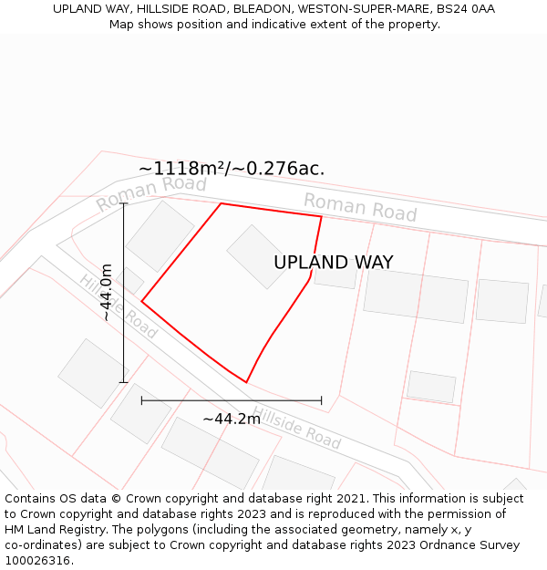 UPLAND WAY, HILLSIDE ROAD, BLEADON, WESTON-SUPER-MARE, BS24 0AA: Plot and title map