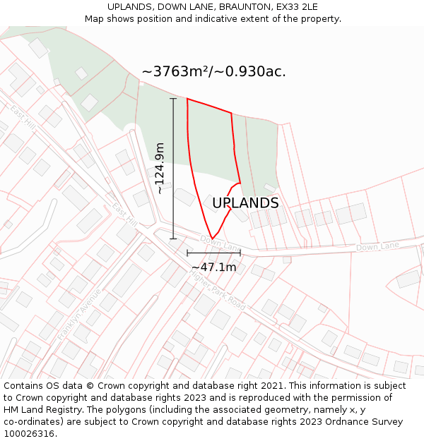 UPLANDS, DOWN LANE, BRAUNTON, EX33 2LE: Plot and title map