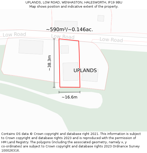 UPLANDS, LOW ROAD, WENHASTON, HALESWORTH, IP19 9BU: Plot and title map