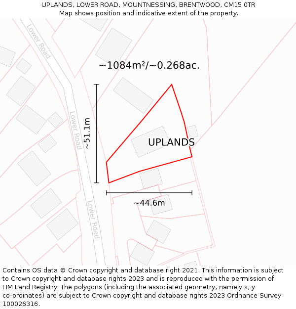 UPLANDS, LOWER ROAD, MOUNTNESSING, BRENTWOOD, CM15 0TR: Plot and title map