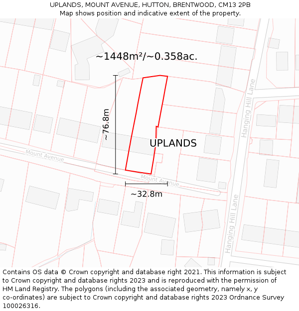 UPLANDS, MOUNT AVENUE, HUTTON, BRENTWOOD, CM13 2PB: Plot and title map