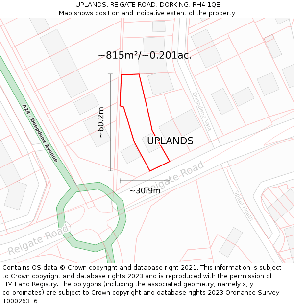 UPLANDS, REIGATE ROAD, DORKING, RH4 1QE: Plot and title map