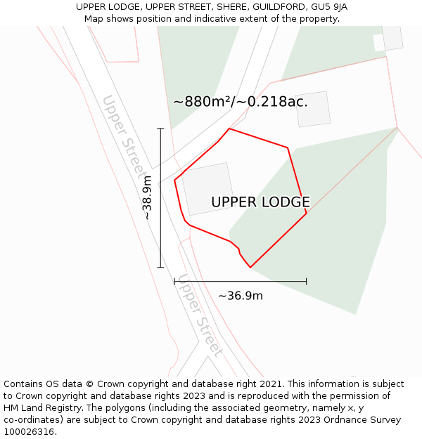 UPPER LODGE, UPPER STREET, SHERE, GUILDFORD, GU5 9JA: Plot and title map