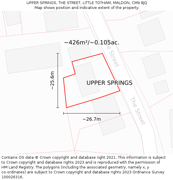 UPPER SPRINGS, THE STREET, LITTLE TOTHAM, MALDON, CM9 8JQ: Plot and title map