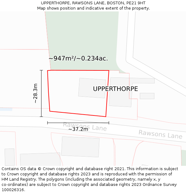 UPPERTHORPE, RAWSONS LANE, BOSTON, PE21 9HT: Plot and title map