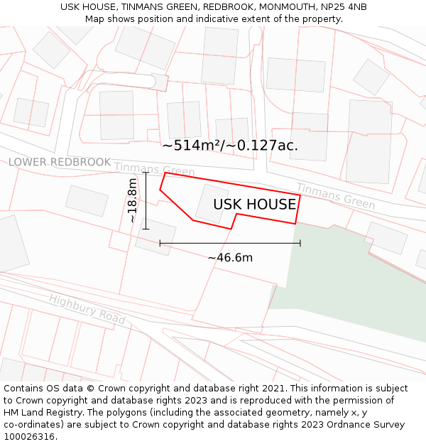 USK HOUSE, TINMANS GREEN, REDBROOK, MONMOUTH, NP25 4NB: Plot and title map
