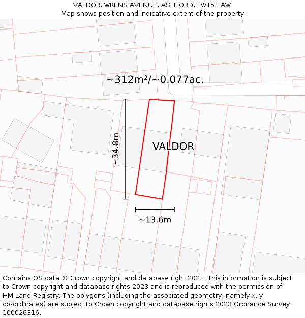 VALDOR, WRENS AVENUE, ASHFORD, TW15 1AW: Plot and title map