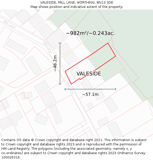VALESIDE, MILL LANE, WORTHING, BN13 3DE: Plot and title map