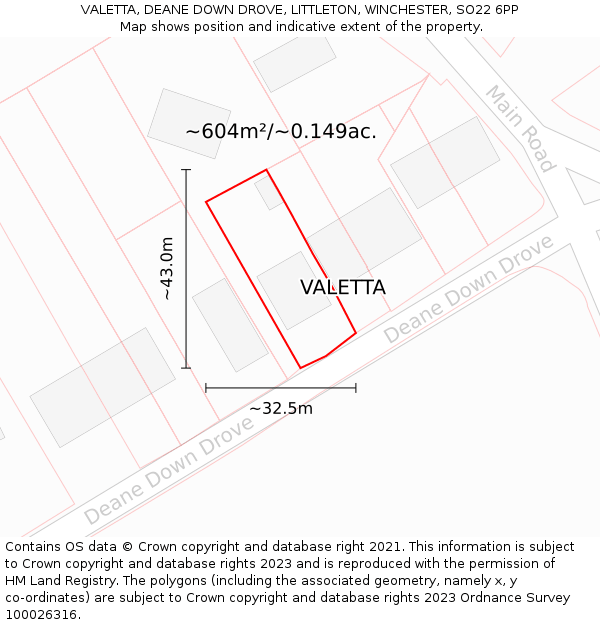VALETTA, DEANE DOWN DROVE, LITTLETON, WINCHESTER, SO22 6PP: Plot and title map