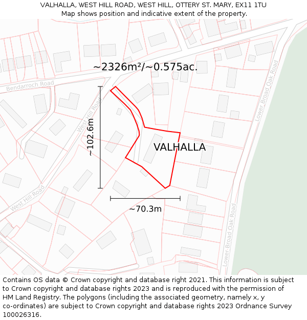 VALHALLA, WEST HILL ROAD, WEST HILL, OTTERY ST. MARY, EX11 1TU: Plot and title map