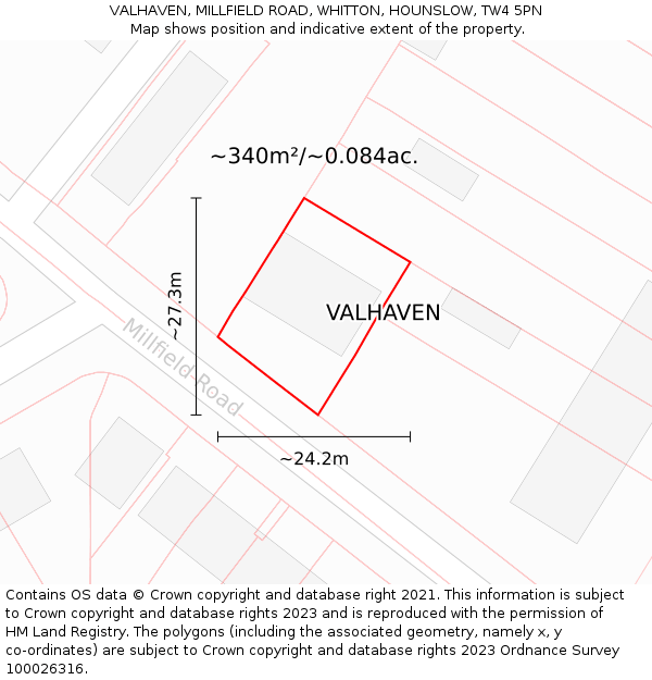 VALHAVEN, MILLFIELD ROAD, WHITTON, HOUNSLOW, TW4 5PN: Plot and title map