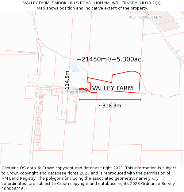 VALLEY FARM, SMOOK HILLS ROAD, HOLLYM, WITHERNSEA, HU19 2QQ: Plot and title map