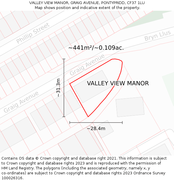 VALLEY VIEW MANOR, GRAIG AVENUE, PONTYPRIDD, CF37 1LU: Plot and title map