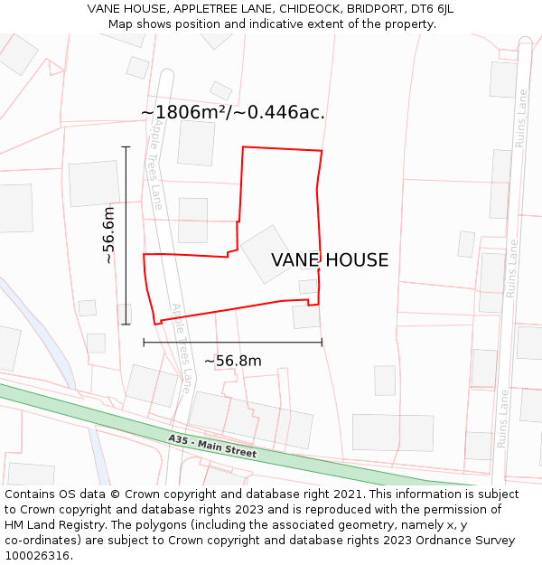 VANE HOUSE, APPLETREE LANE, CHIDEOCK, BRIDPORT, DT6 6JL: Plot and title map