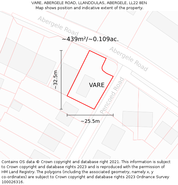 VARE, ABERGELE ROAD, LLANDDULAS, ABERGELE, LL22 8EN: Plot and title map