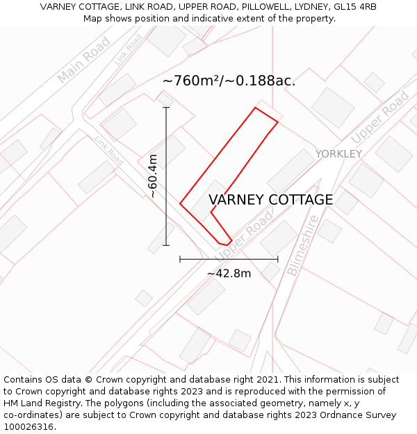 VARNEY COTTAGE, LINK ROAD, UPPER ROAD, PILLOWELL, LYDNEY, GL15 4RB: Plot and title map