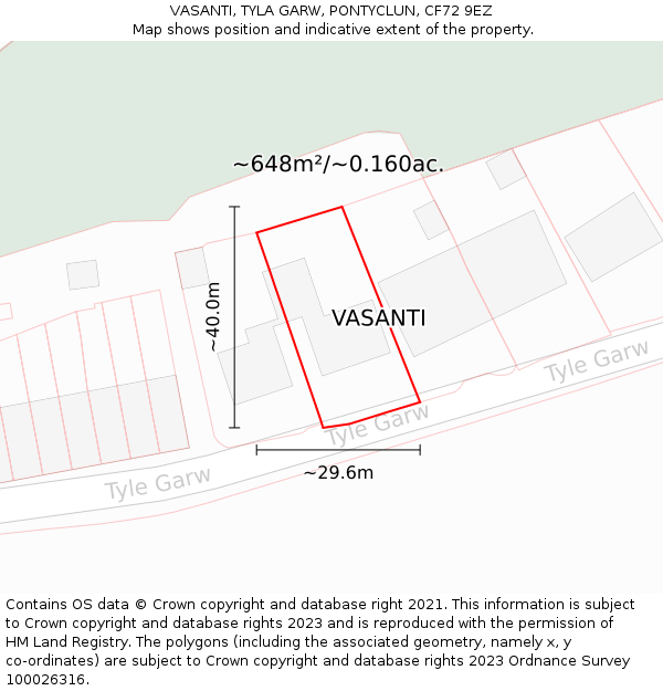VASANTI, TYLA GARW, PONTYCLUN, CF72 9EZ: Plot and title map