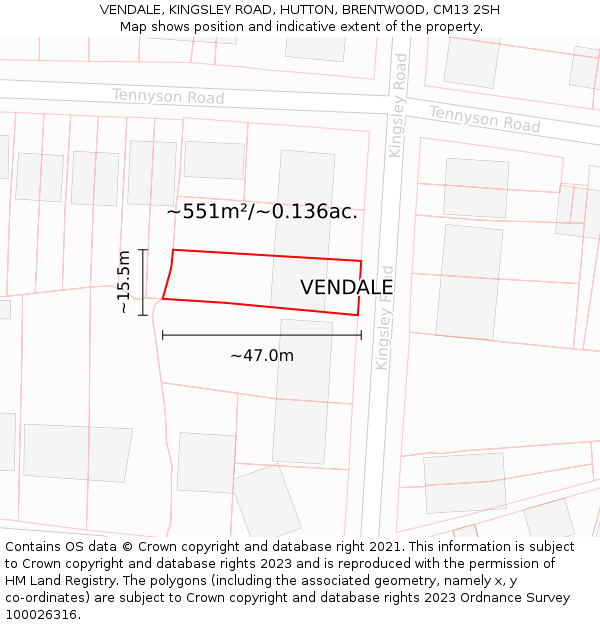 VENDALE, KINGSLEY ROAD, HUTTON, BRENTWOOD, CM13 2SH: Plot and title map