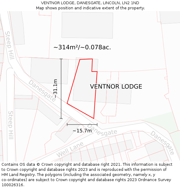 VENTNOR LODGE, DANESGATE, LINCOLN, LN2 1ND: Plot and title map