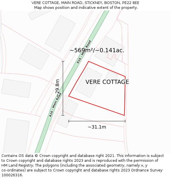 VERE COTTAGE, MAIN ROAD, STICKNEY, BOSTON, PE22 8EE: Plot and title map