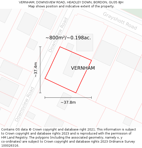 VERNHAM, DOWNSVIEW ROAD, HEADLEY DOWN, BORDON, GU35 8JH: Plot and title map