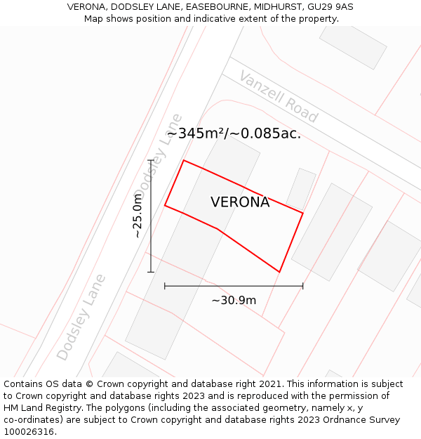 VERONA, DODSLEY LANE, EASEBOURNE, MIDHURST, GU29 9AS: Plot and title map