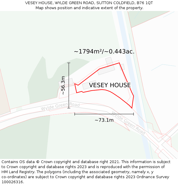 VESEY HOUSE, WYLDE GREEN ROAD, SUTTON COLDFIELD, B76 1QT: Plot and title map