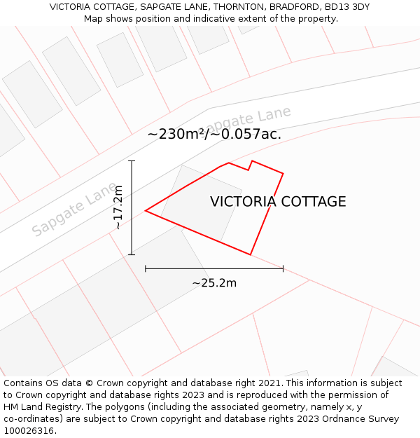 VICTORIA COTTAGE, SAPGATE LANE, THORNTON, BRADFORD, BD13 3DY: Plot and title map