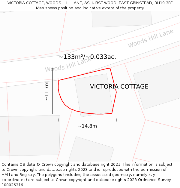 VICTORIA COTTAGE, WOODS HILL LANE, ASHURST WOOD, EAST GRINSTEAD, RH19 3RF: Plot and title map