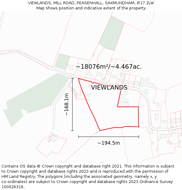 VIEWLANDS, MILL ROAD, PEASENHALL, SAXMUNDHAM, IP17 2LW: Plot and title map