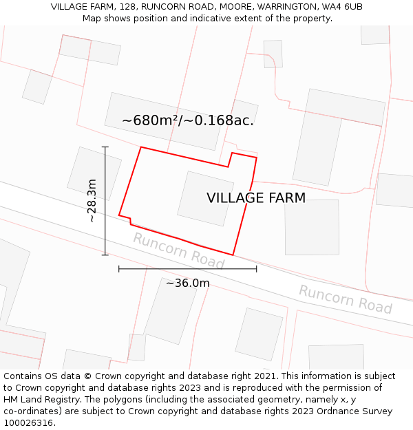VILLAGE FARM, 128, RUNCORN ROAD, MOORE, WARRINGTON, WA4 6UB: Plot and title map