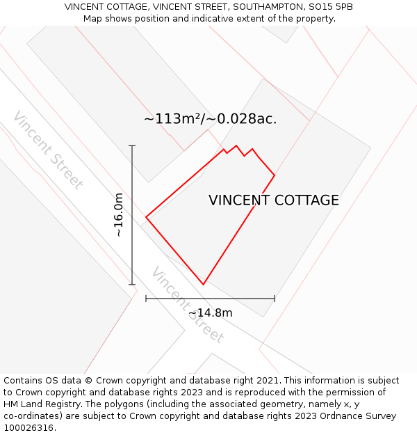 VINCENT COTTAGE, VINCENT STREET, SOUTHAMPTON, SO15 5PB: Plot and title map