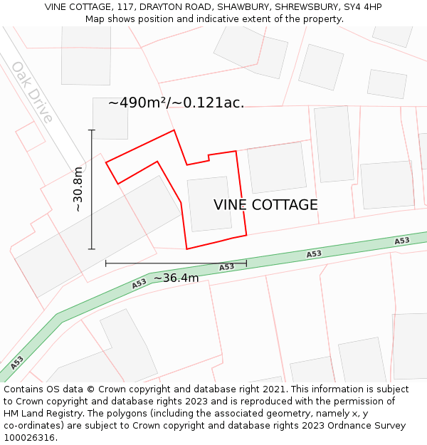 VINE COTTAGE, 117, DRAYTON ROAD, SHAWBURY, SHREWSBURY, SY4 4HP: Plot and title map