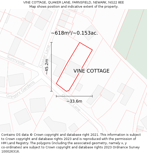 VINE COTTAGE, QUAKER LANE, FARNSFIELD, NEWARK, NG22 8EE: Plot and title map