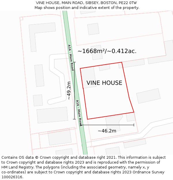 VINE HOUSE, MAIN ROAD, SIBSEY, BOSTON, PE22 0TW: Plot and title map