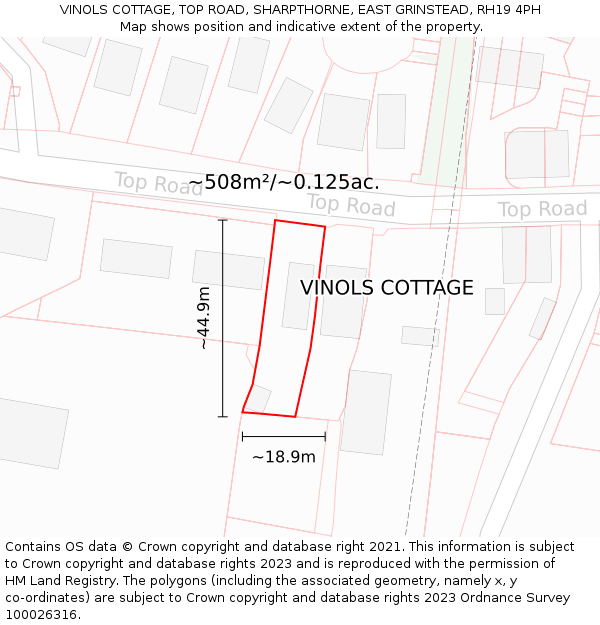 VINOLS COTTAGE, TOP ROAD, SHARPTHORNE, EAST GRINSTEAD, RH19 4PH: Plot and title map