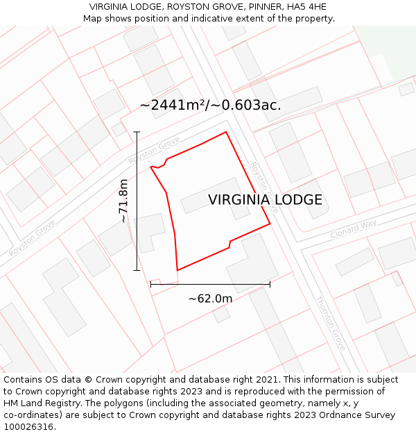 VIRGINIA LODGE, ROYSTON GROVE, PINNER, HA5 4HE: Plot and title map
