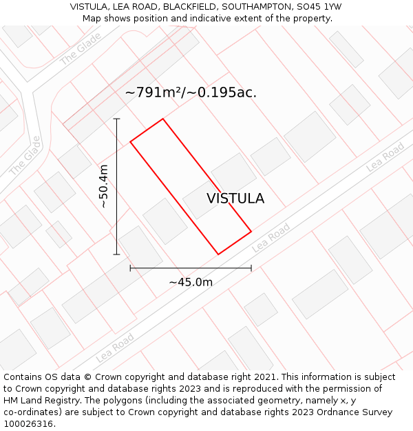 VISTULA, LEA ROAD, BLACKFIELD, SOUTHAMPTON, SO45 1YW: Plot and title map