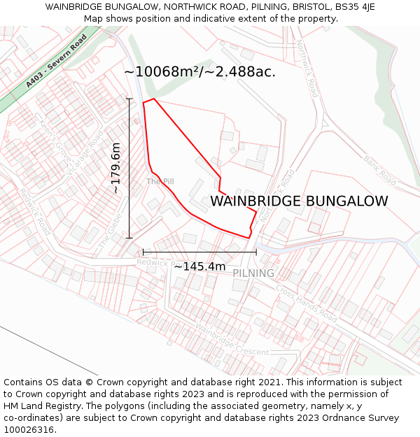 WAINBRIDGE BUNGALOW, NORTHWICK ROAD, PILNING, BRISTOL, BS35 4JE: Plot and title map