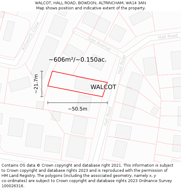 WALCOT, HALL ROAD, BOWDON, ALTRINCHAM, WA14 3AN: Plot and title map