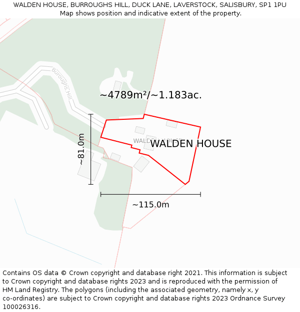 WALDEN HOUSE, BURROUGHS HILL, DUCK LANE, LAVERSTOCK, SALISBURY, SP1 1PU: Plot and title map