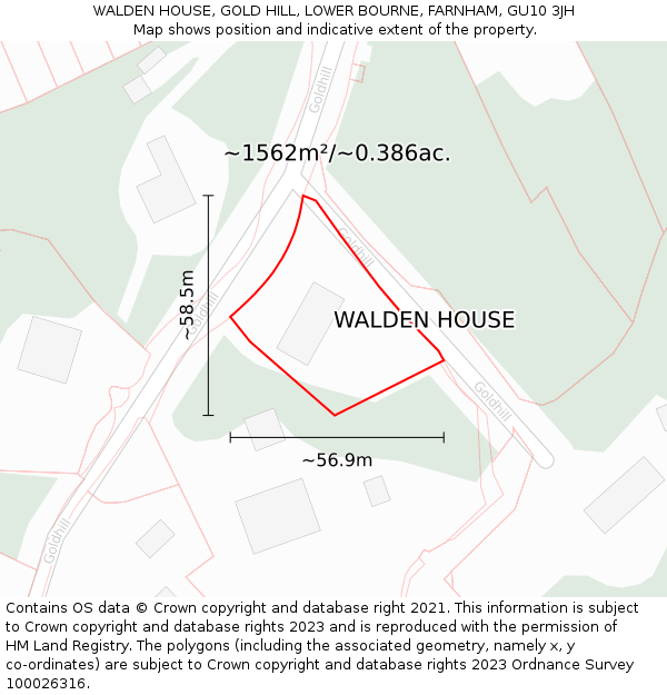 WALDEN HOUSE, GOLD HILL, LOWER BOURNE, FARNHAM, GU10 3JH: Plot and title map