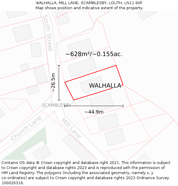 WALHALLA, MILL LANE, SCAMBLESBY, LOUTH, LN11 9XP: Plot and title map
