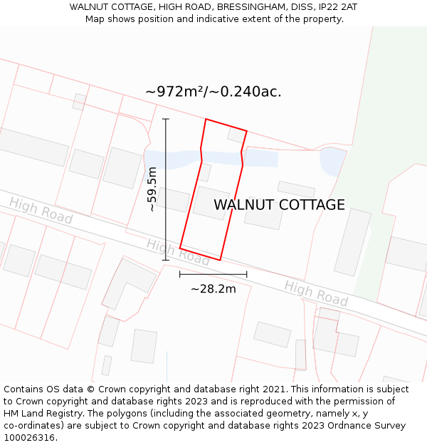 WALNUT COTTAGE, HIGH ROAD, BRESSINGHAM, DISS, IP22 2AT: Plot and title map