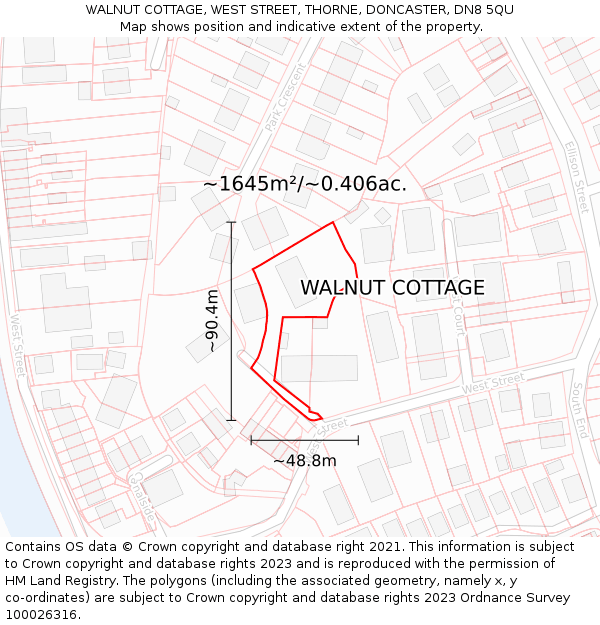 WALNUT COTTAGE, WEST STREET, THORNE, DONCASTER, DN8 5QU: Plot and title map