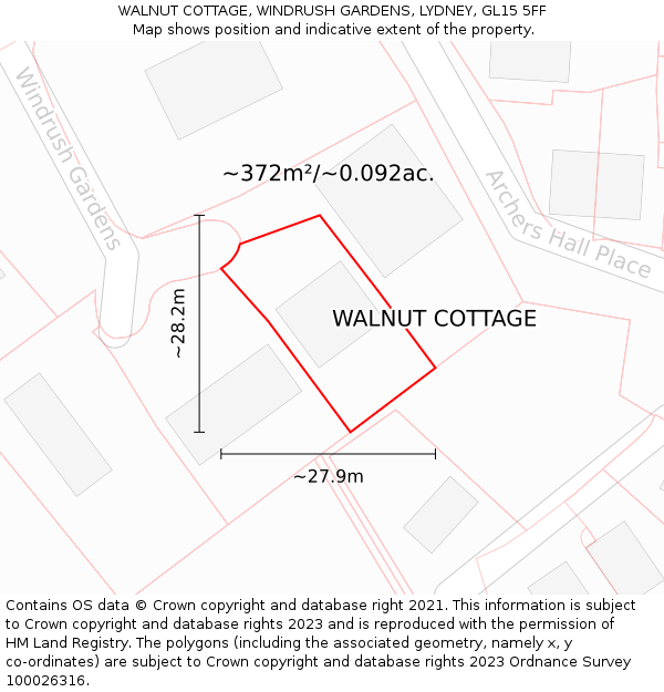 WALNUT COTTAGE, WINDRUSH GARDENS, LYDNEY, GL15 5FF: Plot and title map