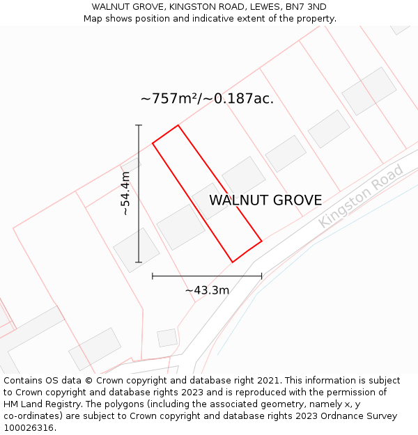 WALNUT GROVE, KINGSTON ROAD, LEWES, BN7 3ND: Plot and title map