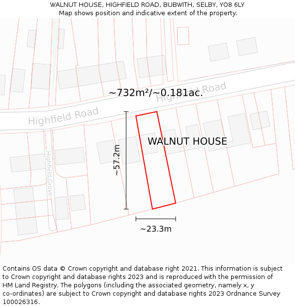 WALNUT HOUSE, HIGHFIELD ROAD, BUBWITH, SELBY, YO8 6LY: Plot and title map
