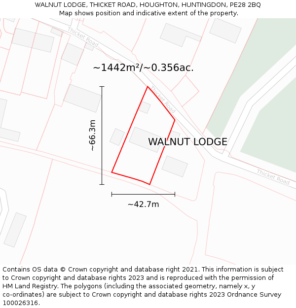 WALNUT LODGE, THICKET ROAD, HOUGHTON, HUNTINGDON, PE28 2BQ: Plot and title map