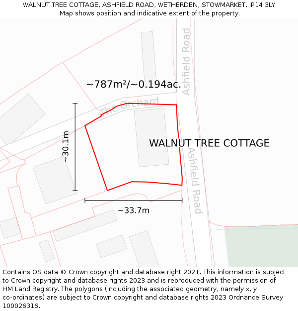 WALNUT TREE COTTAGE, ASHFIELD ROAD, WETHERDEN, STOWMARKET, IP14 3LY: Plot and title map